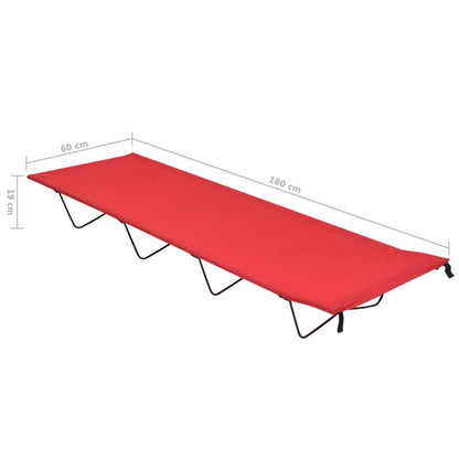 Zijaanzicht van het vidaXL campingbed in rood, met afmetingen van 180x60 cm.