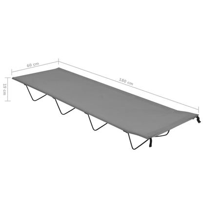 Zijaanzicht van het vidaXL campingbed in grijs, met afmetingen 180x60x19 cm.