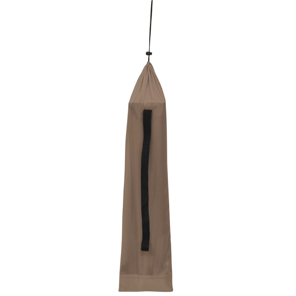 Detail van de taupe opbergtas voor het vidaXL campingbed, hangend aan een haak.