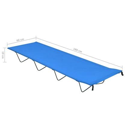 Zijaanzicht van het vidaXL campingbed in blauw, met afmetingen van 180x60 cm.
