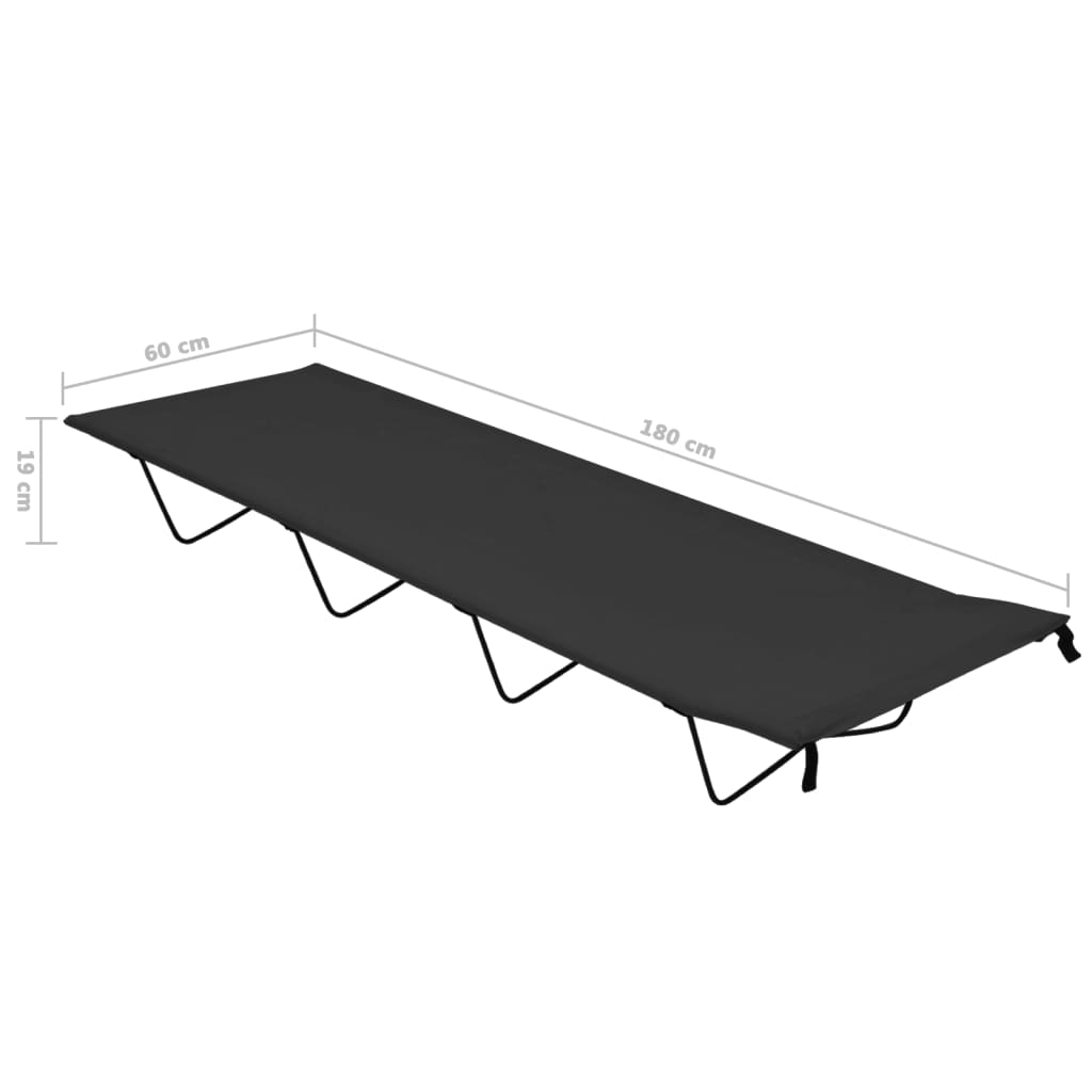 Zijaanzicht van het vidaXL campingbed in zwart, met afmetingen 180x60x19 cm.