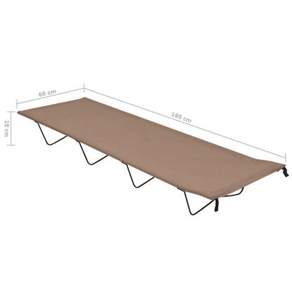 Detail van het taupe vidaXL campingbed, zijaanzicht met afmetingen van 180x60x19 cm.