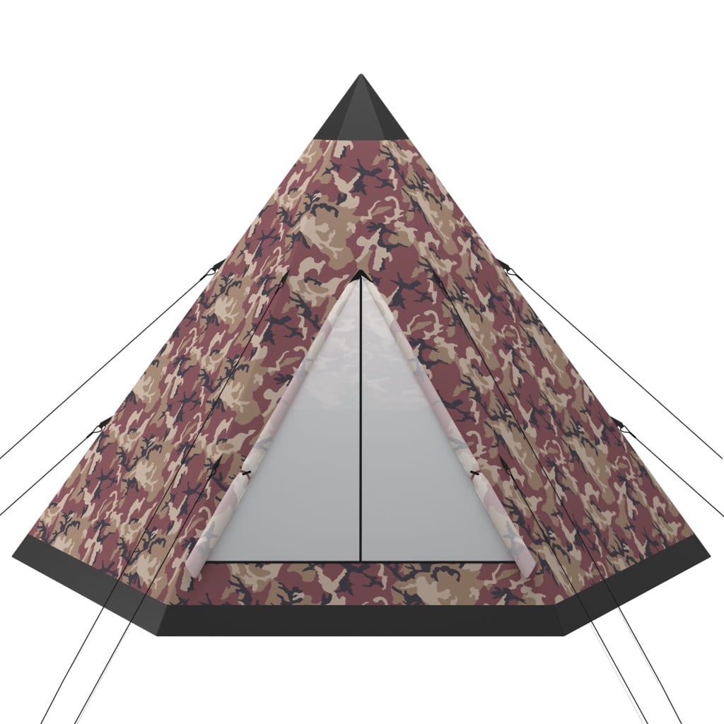 Detail van de vidaXL 4-persoons tent in camouflageprint met insectenhorren aan de ingang.