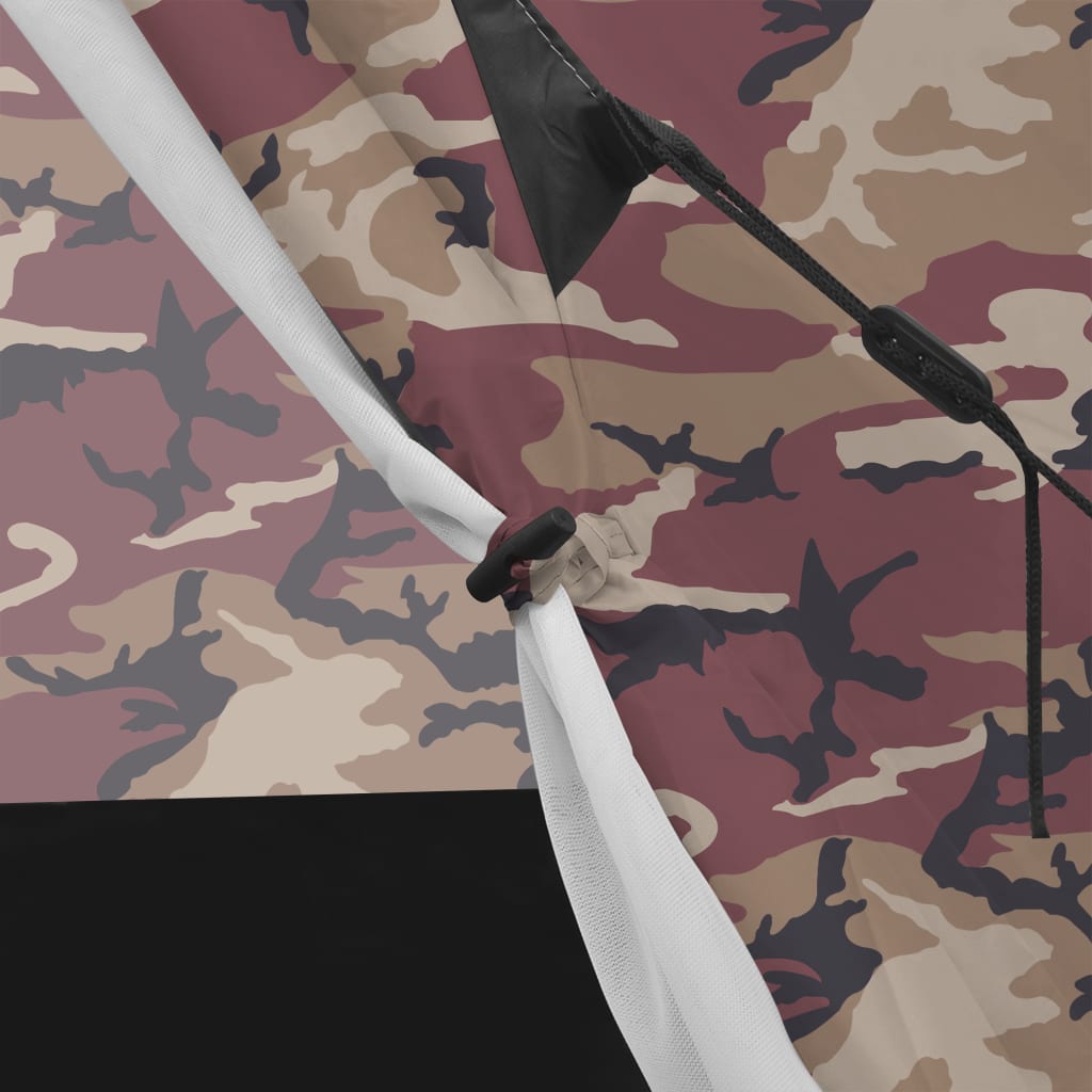 Detail van de meerkleurige camouflageprint en bevestigingsmechanisme van de vidaXL tent.