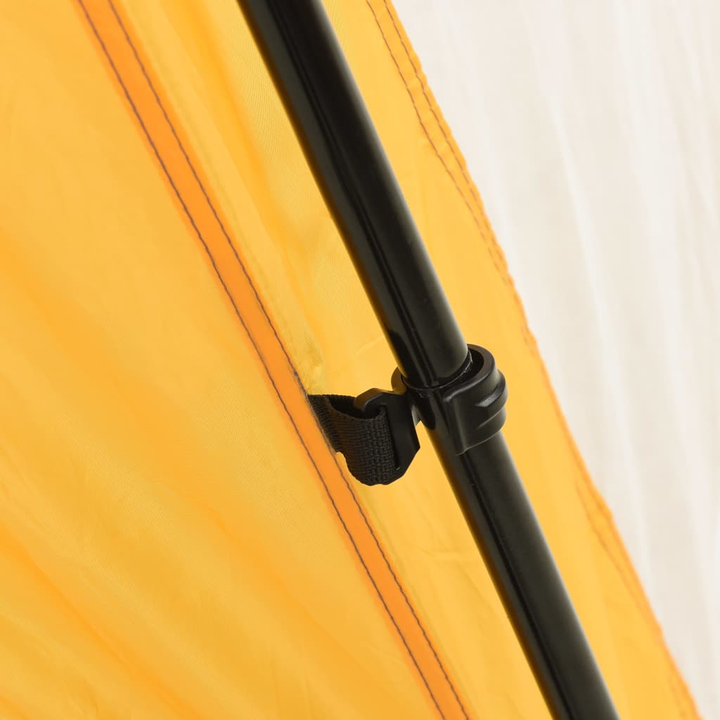 Detail van de bevestiging van het stalen frame van de gele vidaXL zwembadtent.