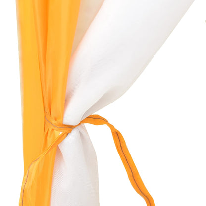 Detail van de gele en witte stof van de vidaXL zwembadtent, met een knoop als bevestiging.