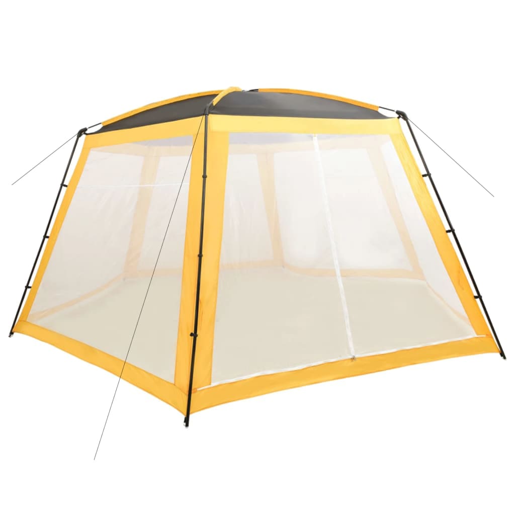 VidaXL zwembadtent in geel, 660x580x250 cm, met mesh zijwanden voor ventilatie.