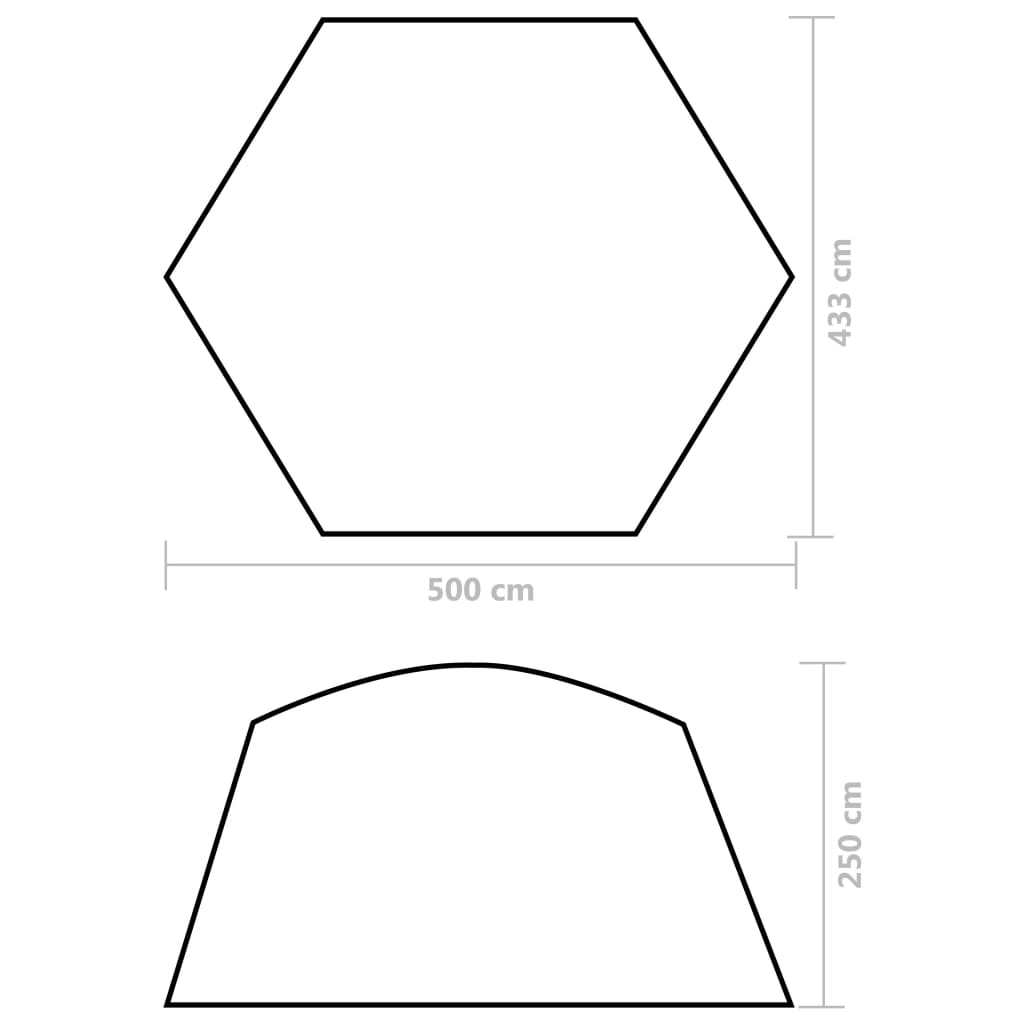 Afbeelding van de afmetingen van de vidaXL zwembadtent in hexagonale en boogvorm.