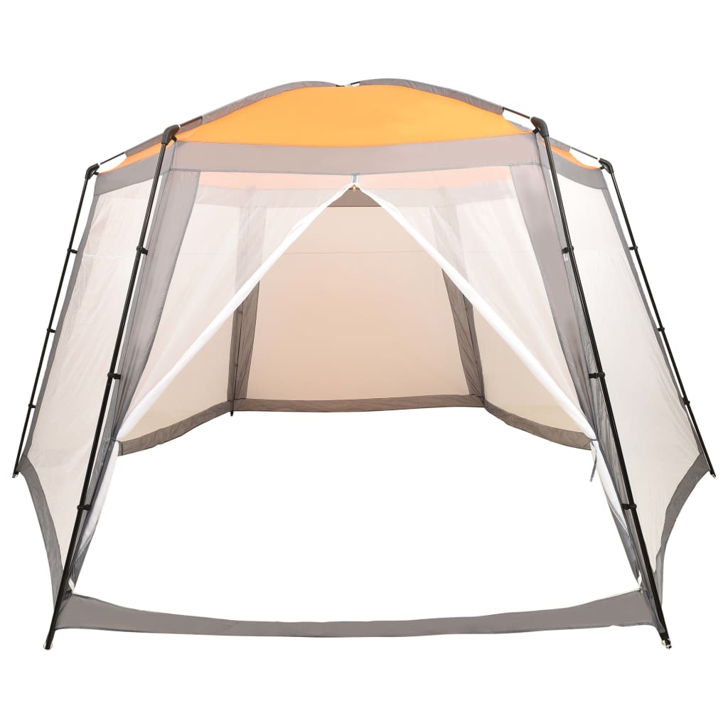 Detail van de vidaXL zwembadtent met grijze en oranje kleur, zijaanzicht met mesh zijwanden.