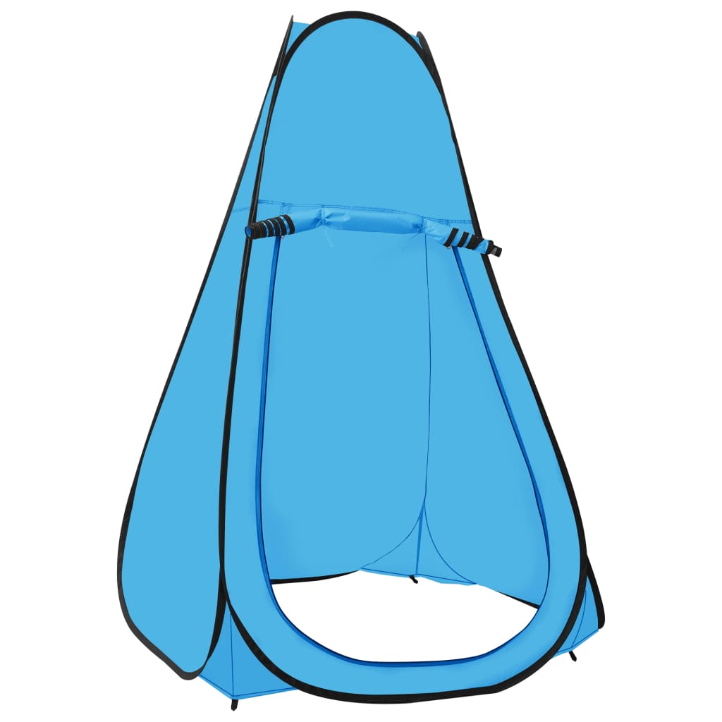 Zijaanzicht van de vidaXL pop-up douchetent in blauw met open ingang.