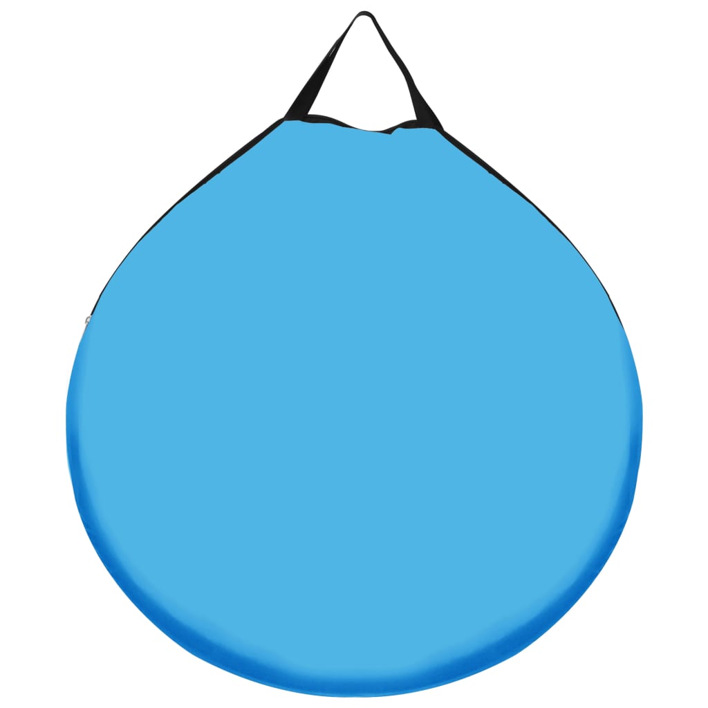 Blauwe vidaXL douchetent opgevouwen in ronde vorm met zwarte draagband.