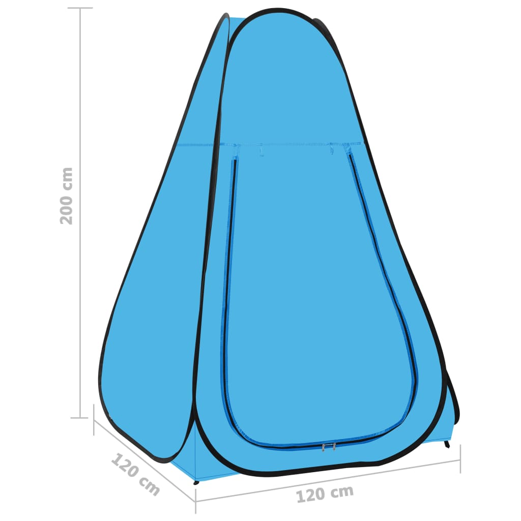 Zijaanzicht van de vidaXL pop-up douchetent in blauw, met afmetingen en ventilatieraam.