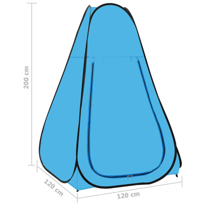 Zijaanzicht van de vidaXL pop-up douchetent in blauw, met afmetingen en ventilatieraam.