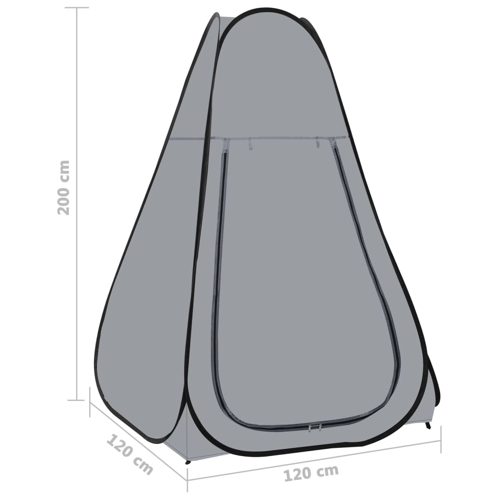 Detail van de vidaXL pop-up douchetent in grijs, met afmetingen en ritsdeur.