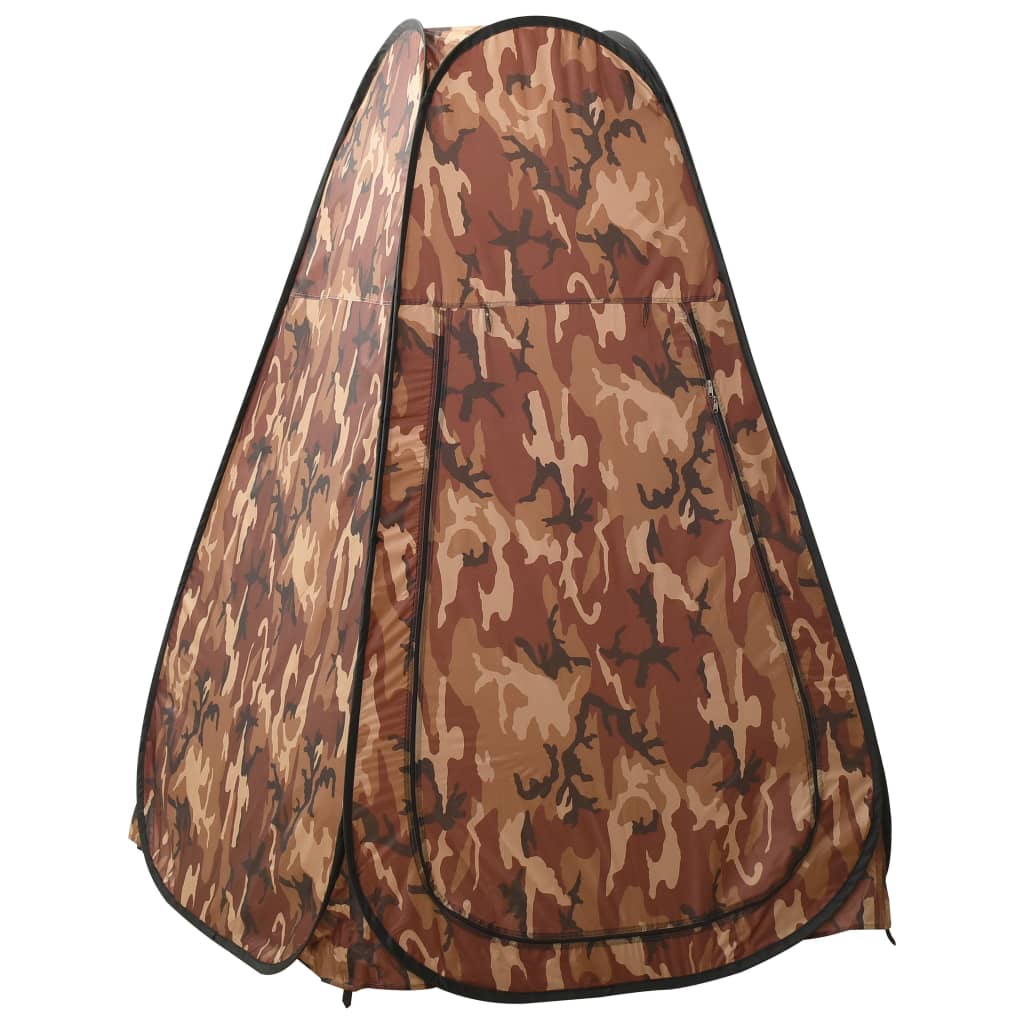 VidaXL pop-up douchetent in camouflage, biedt privacy en bescherming tegen regen en zonlicht.