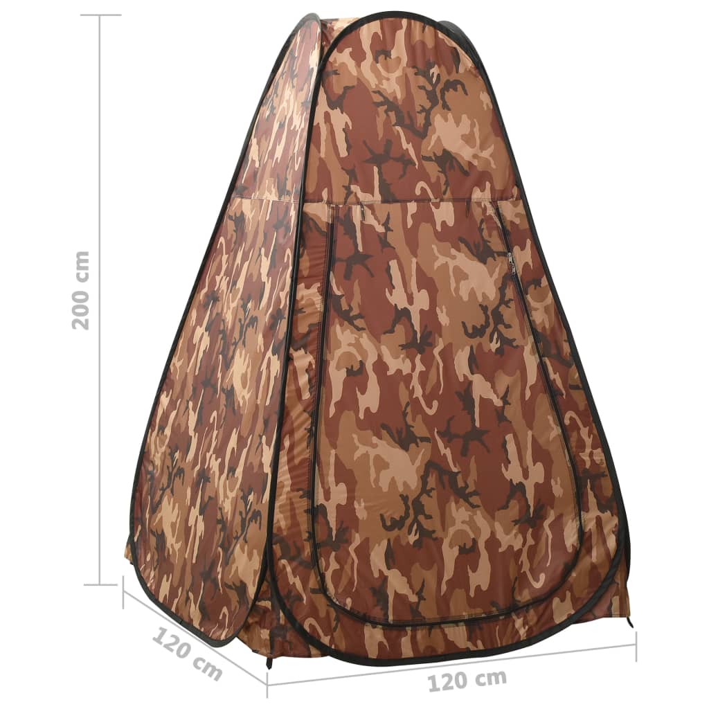 Detail van de vidaXL pop-up camouflage douchetent met zijaanzicht en afmetingen.