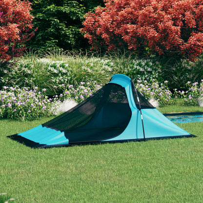 Zijaanzicht van de vidaXL tent in blauw met gaasvenster voor ventilatie.