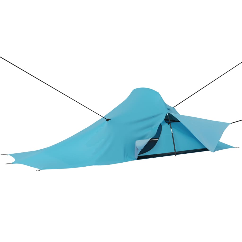 Detail van de blauwe vidaXL tent met opengeklapte ingang en ventilatie.