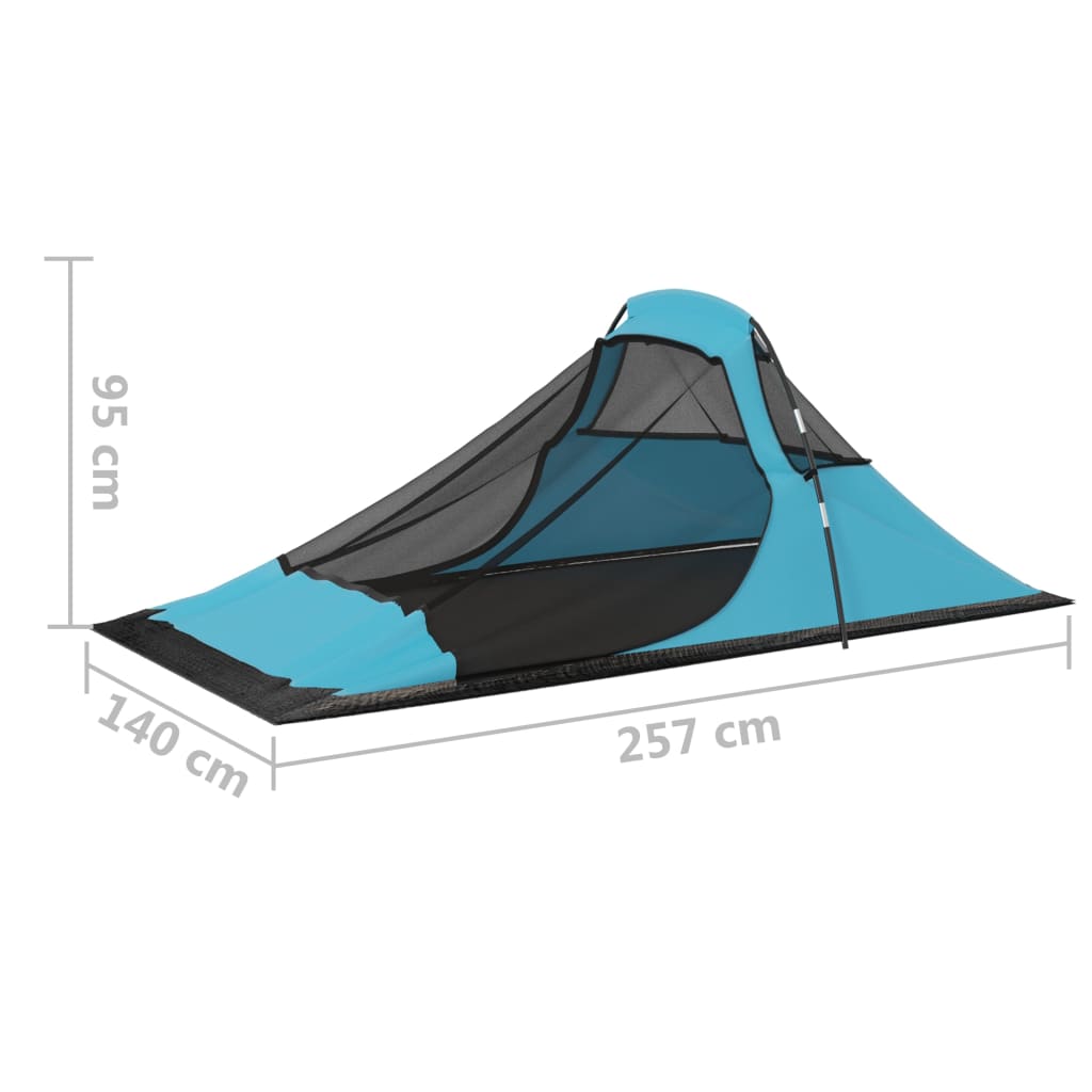 Detail van de vidaXL tent in blauw met gaasvenster en afmetingen.