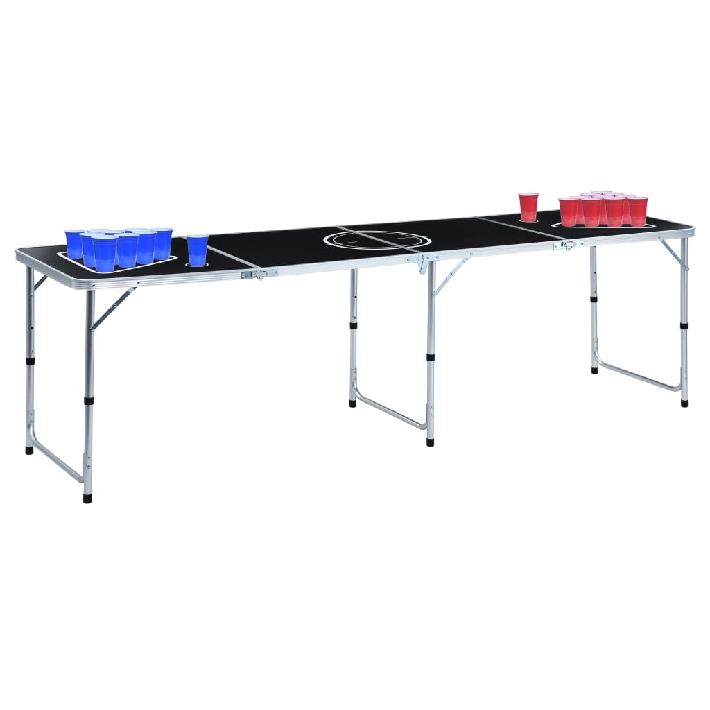 Inklapbare vidaXL bierpongtafel van 240 cm met bekers in rood en blauw.
