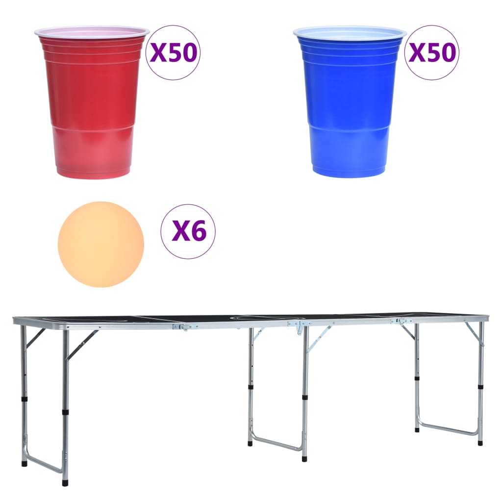 Detail van de vidaXL bierpongtafel met 50 rode en 50 blauwe bekers en 6 ballen.
