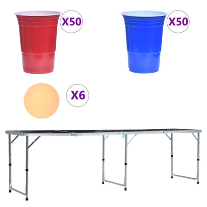Detail van de vidaXL bierpongtafel met 50 rode en 50 blauwe bekers en 6 ballen.