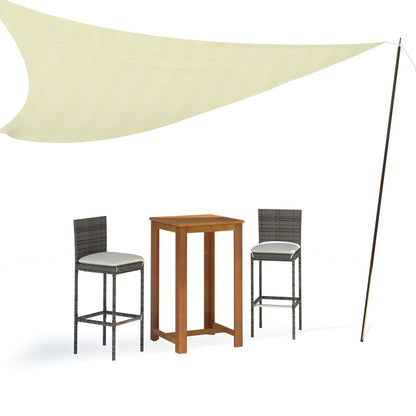 Detail van vidaXL zonneschermpaal met een schaduwzeil boven een hoge tafel en stoelen.