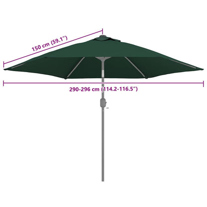 Detail van het groene vidaXL vervangingsdoek voor parasol met afmetingen en bevestigingsmechanisme.
