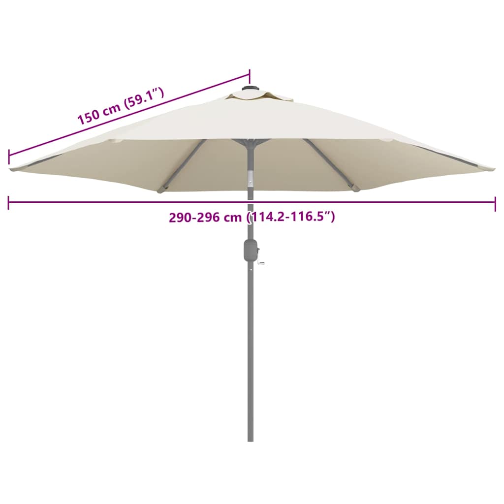 Detail van de vidaXL vervangingsdoek parasol in wit met afmetingen en bevestigingsmechanisme.