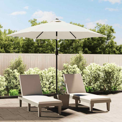 Vervangingsdoek parasol vidaXL 300 cm wit, geplaatst boven ligstoelen in tuin.