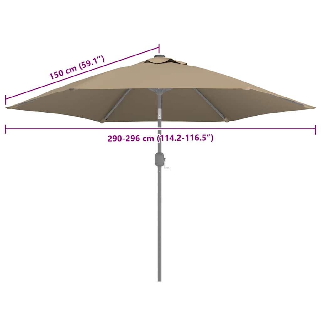 Detailweergave van het taupe vidaXL parasoldoek met afmetingen en bevestigingsmechanisme.