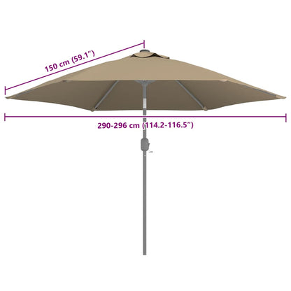 Detailweergave van het taupe vidaXL parasoldoek met afmetingen en bevestigingsmechanisme.