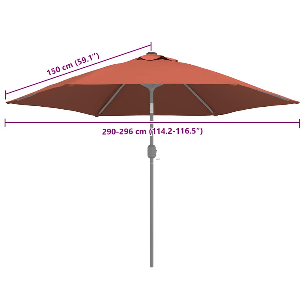 Terracottakleurig vidaXL vervangingsdoek voor parasol met afmetingen en bevestigingsdetails.