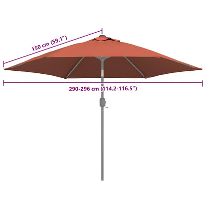 Terracottakleurig vidaXL vervangingsdoek voor parasol met afmetingen en bevestigingsdetails.