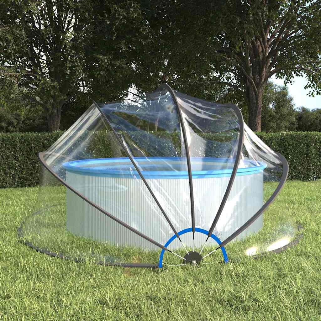 vidaXL zwembadkoepel 500x250 cm, transparant met blauwe rand, geplaatst rond een bovengronds zwembad.