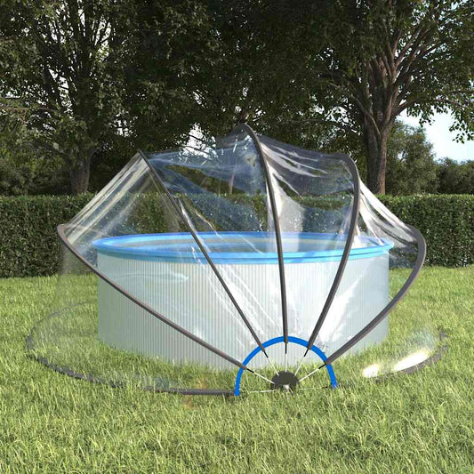 vidaXL zwembadkoepel 500x250 cm, transparant met blauwe rand, geplaatst rond een bovengronds zwembad.