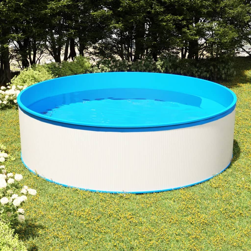 vidaXL Splasher pool 350x90 cm wit met blauwe rand, gevuld met water in een groene tuin.