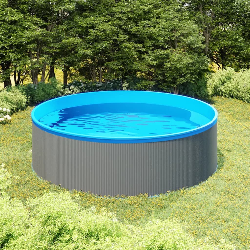 vidaXL Splasher zwembad 350x90 cm grijs met blauwe voering in een groene tuin.
