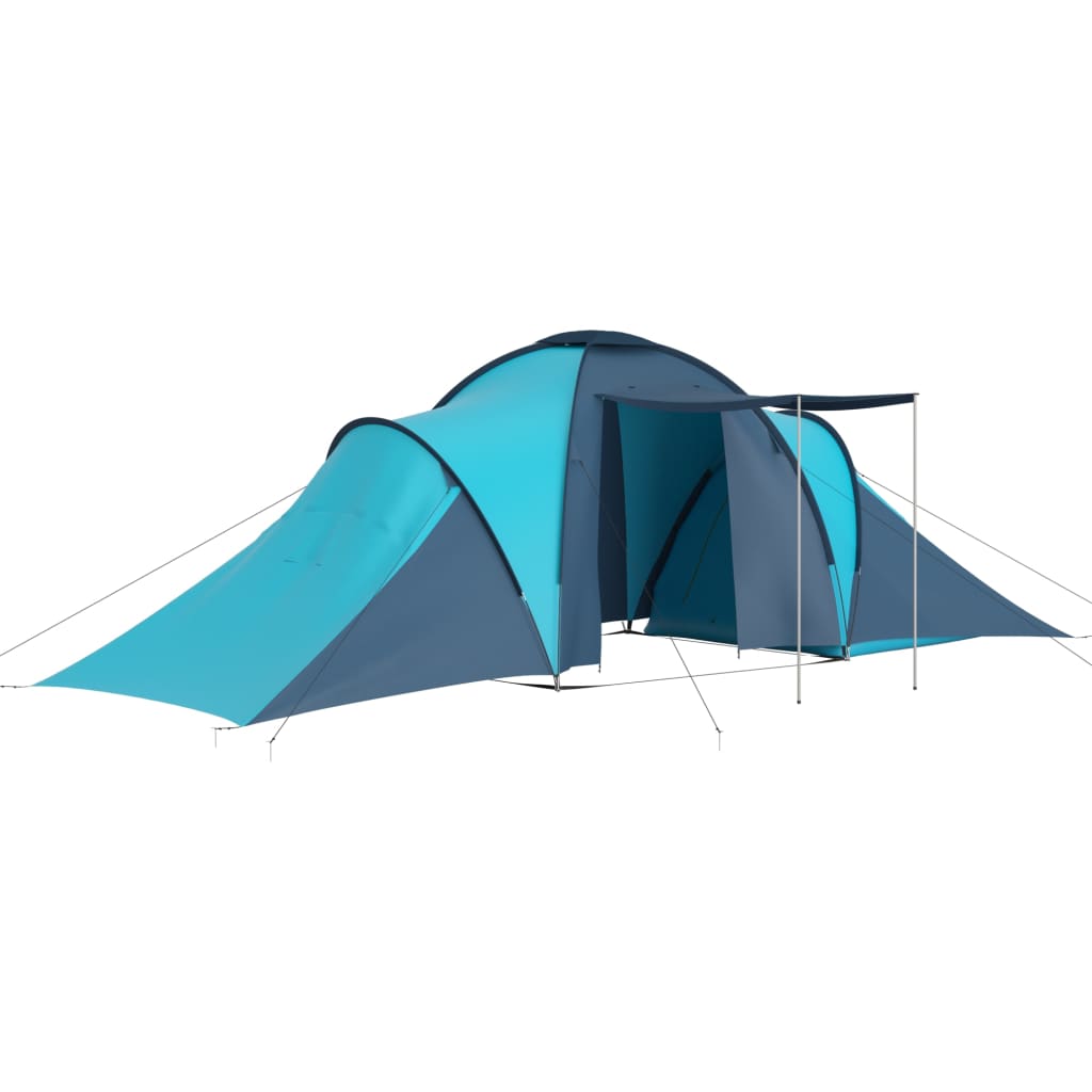 Zijaanzicht van de vidaXL 6-persoons tent in blauw en lichtblauw met luifel.