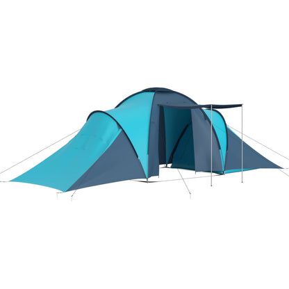 Zijaanzicht van de vidaXL 6-persoons tent in blauw en lichtblauw met luifel.