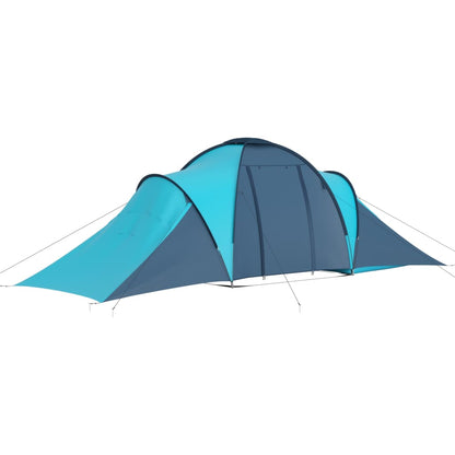 Zijaanzicht van de vidaXL 6-persoons tent in blauw en lichtblauw, met gebogen dak.