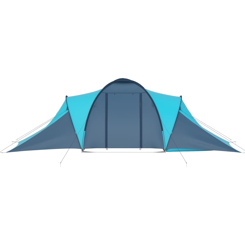 Zijaanzicht van de vidaXL 6-persoons tent in blauw en lichtblauw met ingangen.