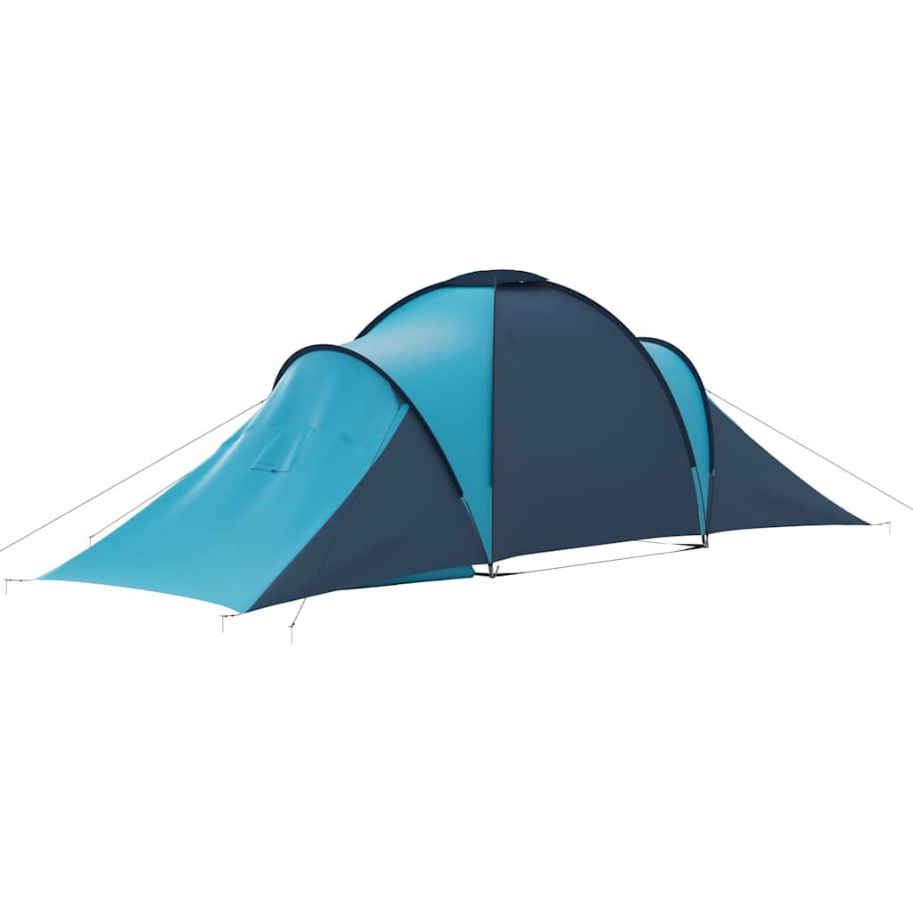 Zijaanzicht van de vidaXL 6-persoons tent in blauw en lichtblauw, met een aerodynamisch ontwerp.