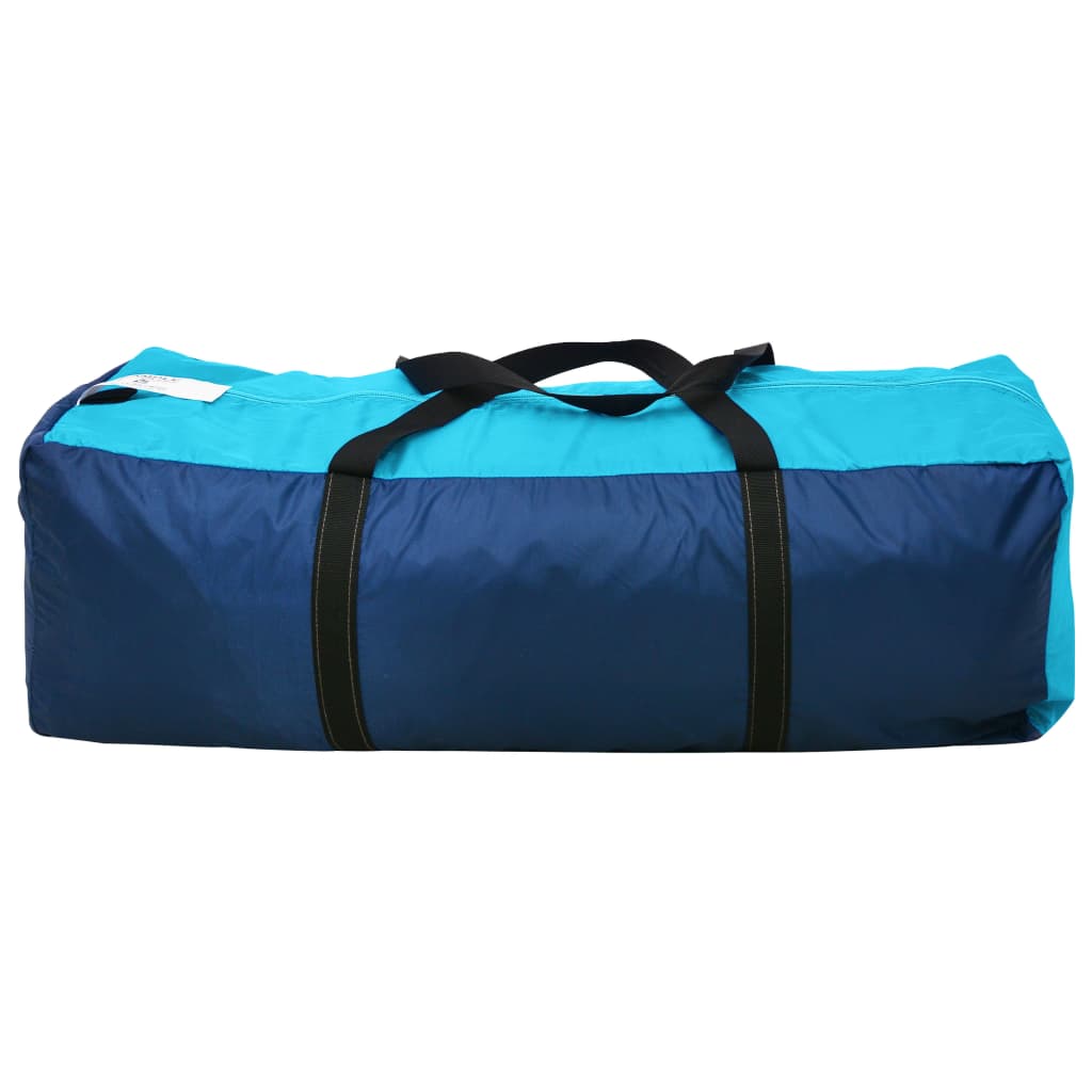 Blauwe en lichtblauwe tent van vidaXL, zijaanzicht van de opbergtas met handvatten.