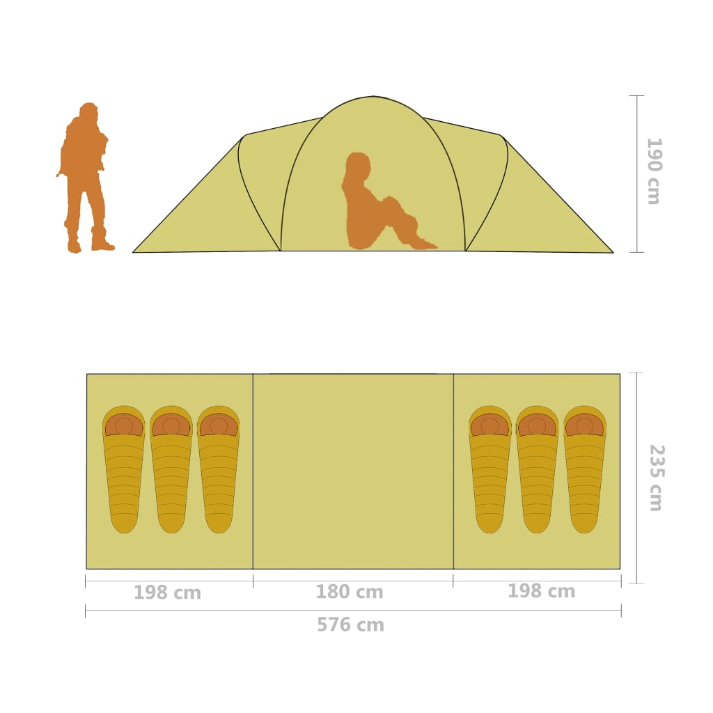 Zijaanzicht van de vidaXL 6-persoons tent met afmetingen en indeling voor slaapruimtes.