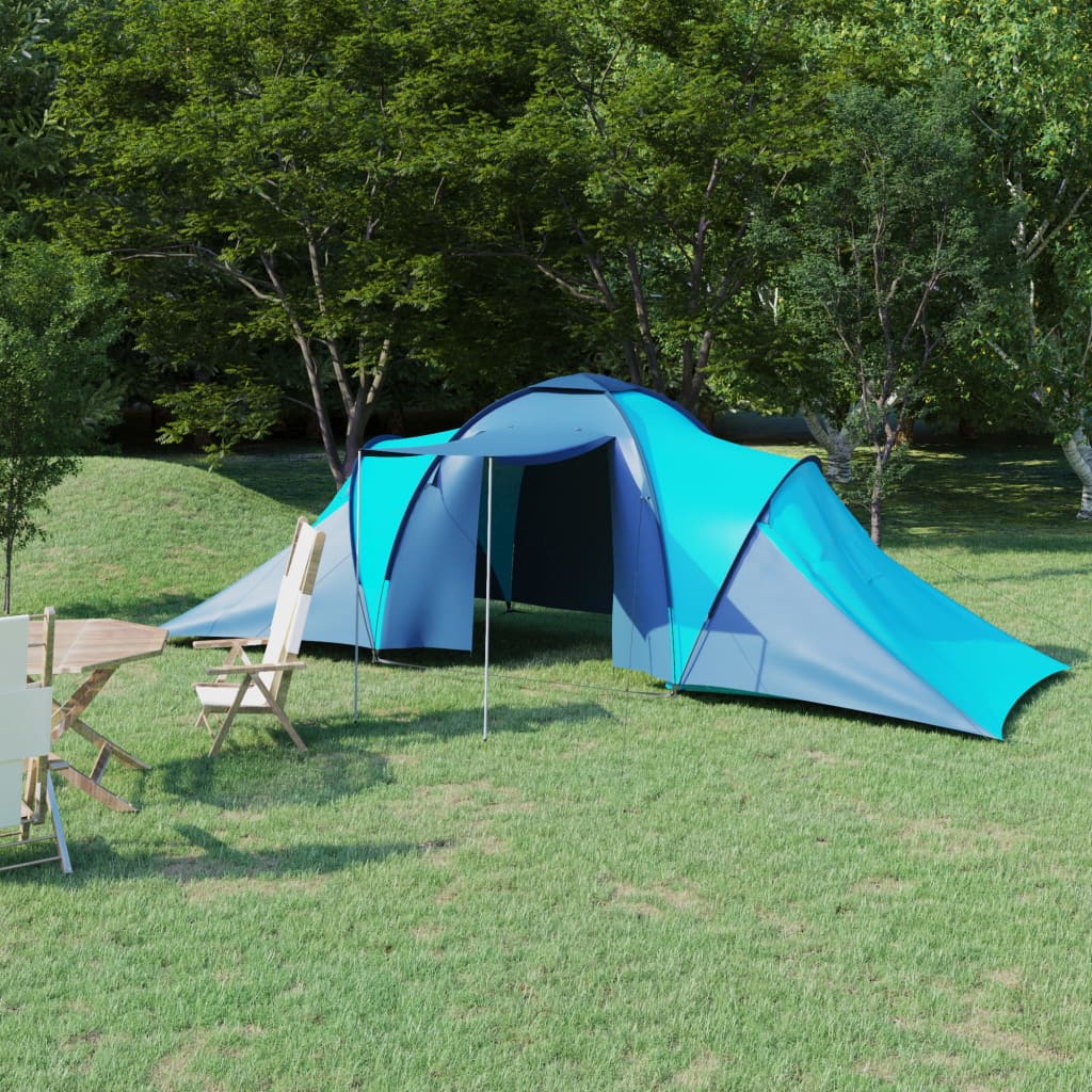 Blauwe en lichtblauwe vidaXL tent voor zes personen in een groene omgeving.