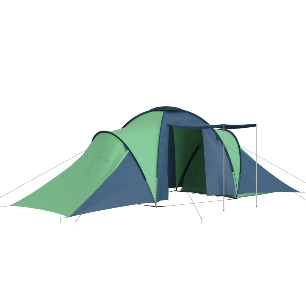 Zijaanzicht van de vidaXL tent in blauw en groen met een ruime ingang.