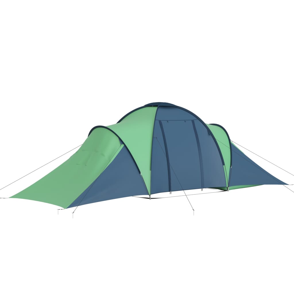 Detail van de vidaXL tent in blauw en groen, zijaanzicht met klamboe.