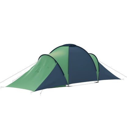 Zijaanzicht van de vidaXL 6-persoons tent in blauw en groen met een aerodynamisch ontwerp.