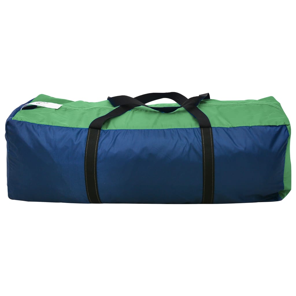 Blauwe en groene vidaXL tent met handvat, zijaanzicht van de opbergtas.
